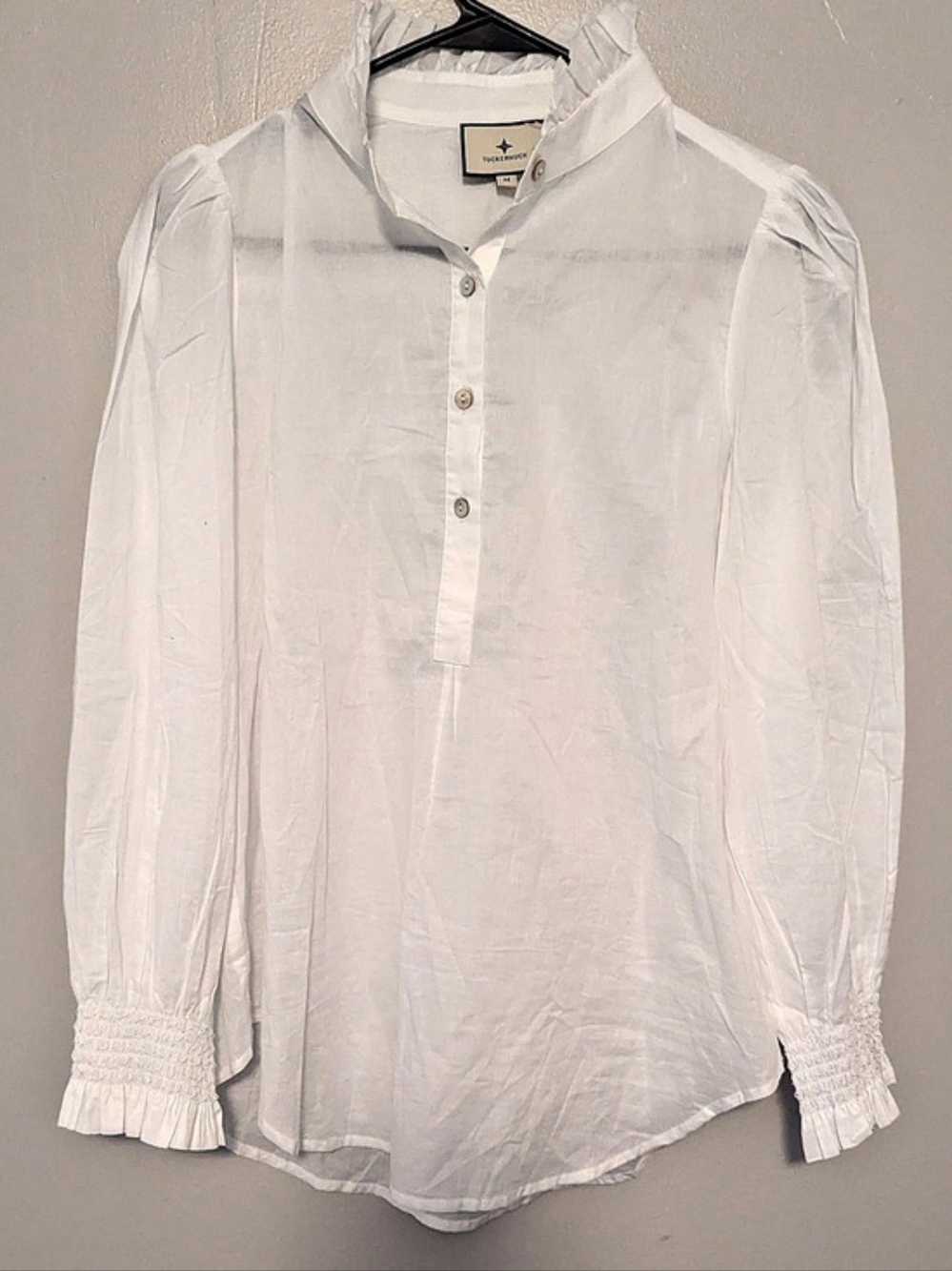 Tuckernuck White Cotton Sateen Ruffle Eileen Button Down Shirt Medium